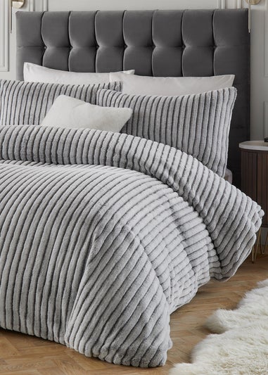 Paoletti Alpine Striped Faux Fur Grey Duvet Set