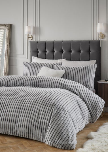Paoletti Alpine Striped Faux Fur Grey Duvet Set
