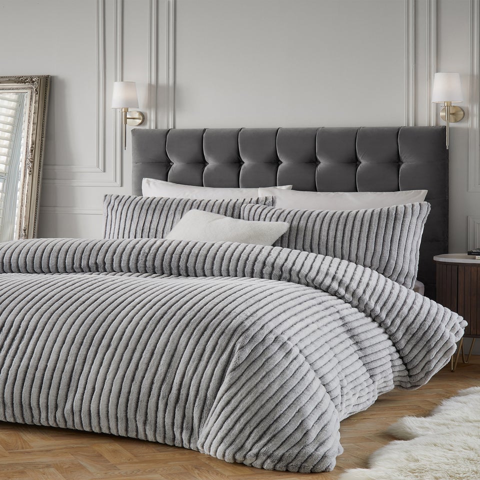 Paoletti Alpine Striped Faux Fur Grey Duvet Set