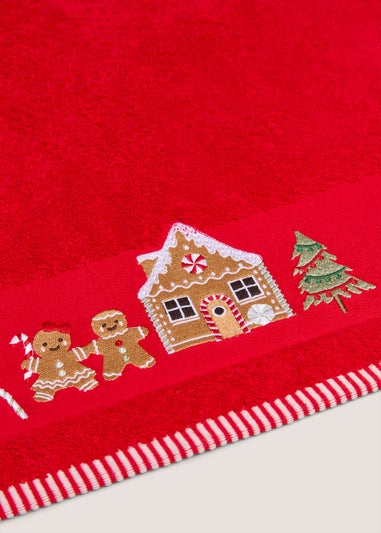 Red Embroidered Gingerbread Hand Towel