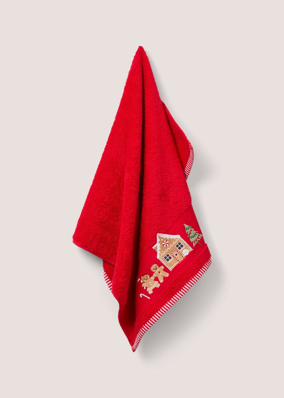 Red Embroidered Gingerbread Hand Towel