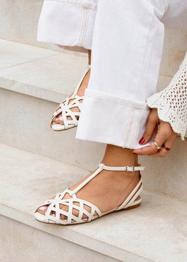 Linzi Santi Ivory Faux Leather Caged Flat Sandal