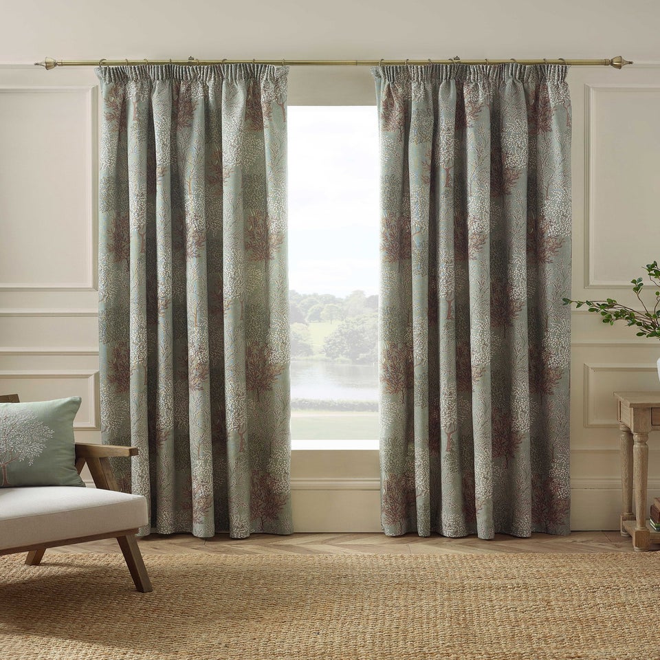 Catherine Lansfield Woodland Trees Lined Pencil Pleat Curtains Green
