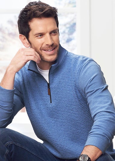 Cotton Traders Sky Blue Textured Zip Neck Top