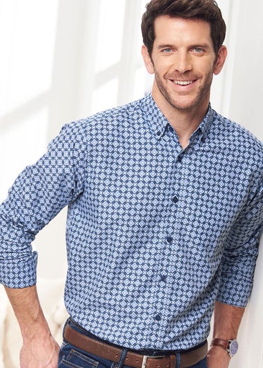 Cotton Traders Smoke Blue Long Sleeve Soft Touch Print Shirt