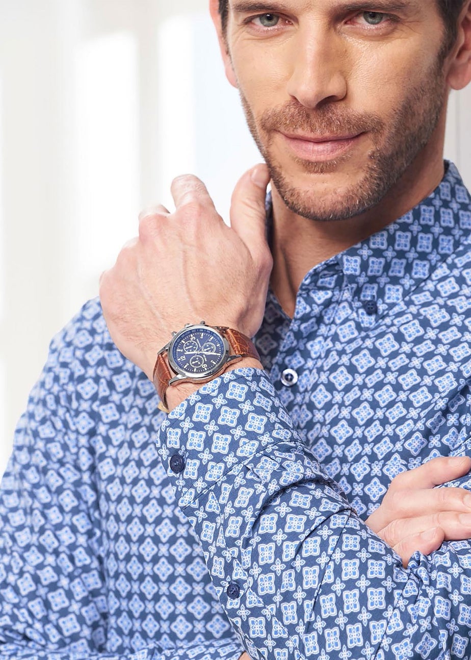 Cotton Traders Smoke Blue Long Sleeve Soft Touch Print Shirt