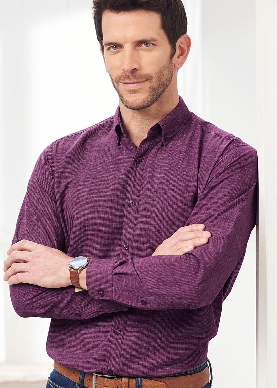 Cotton Traders Wine Long Sleeve Soft Touch Crosshatch Shirt