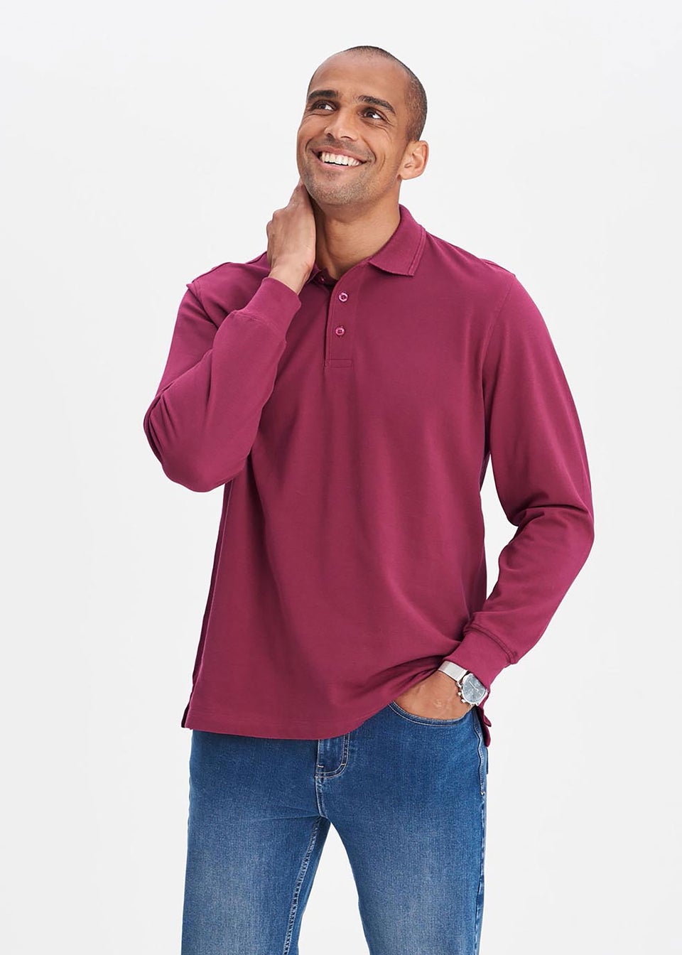 Cotton Traders Dark Raspberry Long Sleeve Polo Shirt