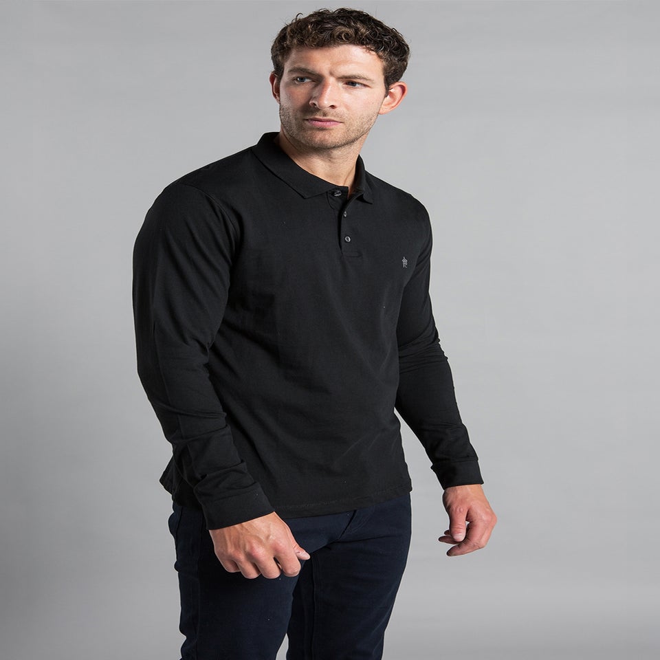 French Connection Black Cotton Long Sleeve Polo Shirts 2 Pack