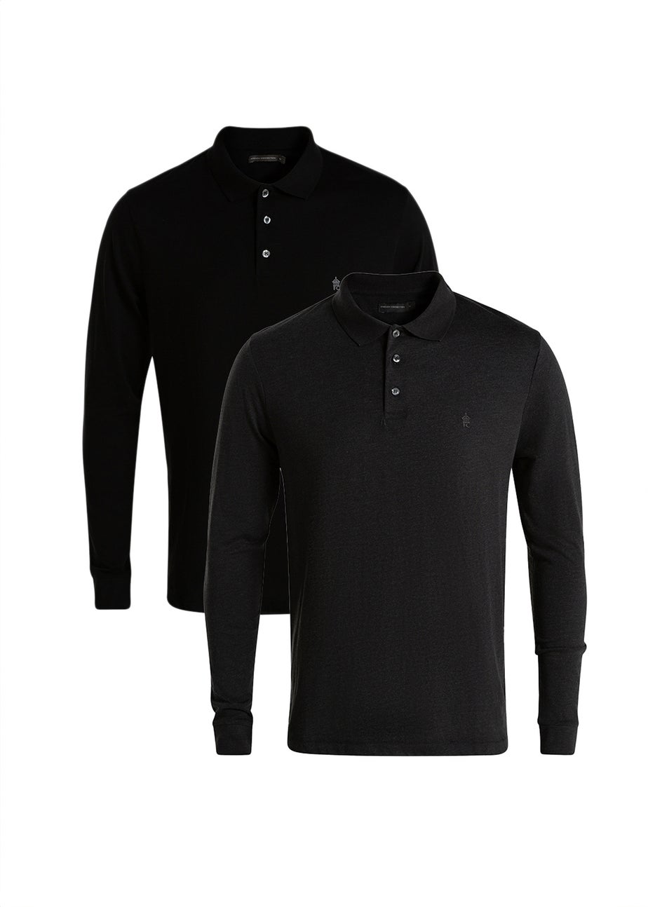French Connection Black Cotton Long Sleeve Polo Shirts 2 Pack