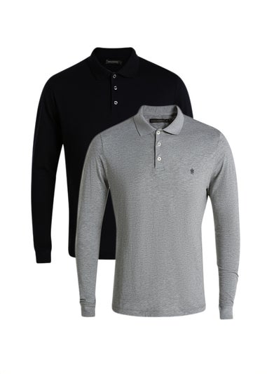 French Connection Navy Cotton Long Sleeve Polo Shirts 2 Pack