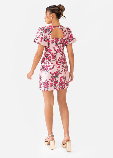 Maya Deluxe Pink Floral Jacquard Short Puff Sleeve Mini Dress