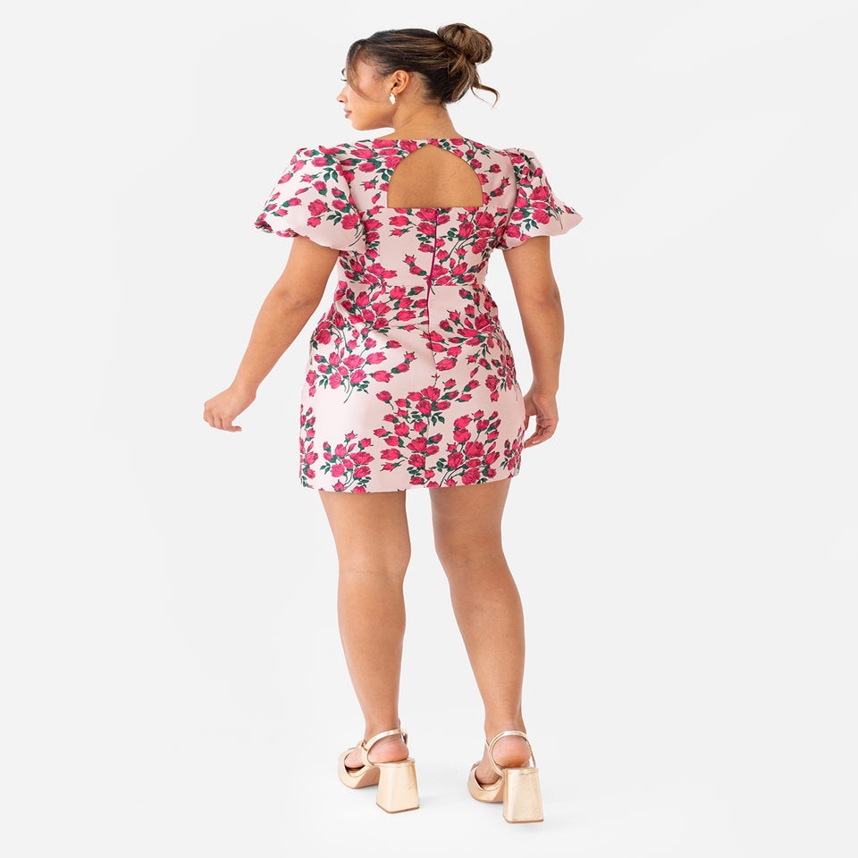 Maya Deluxe Pink Floral Jacquard Short Puff Sleeve Mini Dress