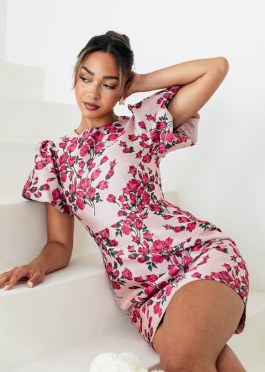 Maya Deluxe Pink Floral Jacquard Short Puff Sleeve Mini Dress