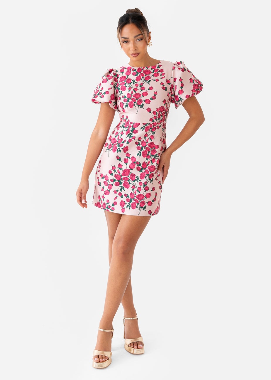 Maya Deluxe Pink Floral Jacquard Short Puff Sleeve Mini Dress