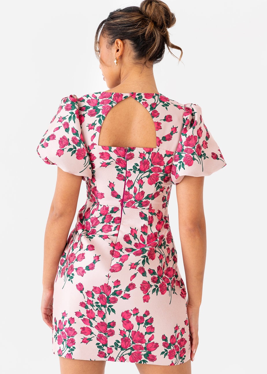 Maya Deluxe Pink Floral Jacquard Short Puff Sleeve Mini Dress