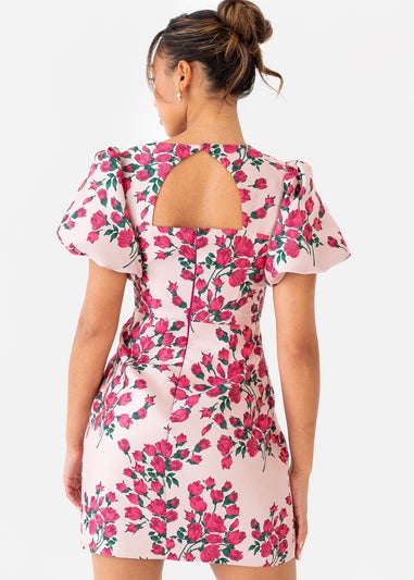 Maya Deluxe Pink Floral Jacquard Short Puff Sleeve Mini Dress