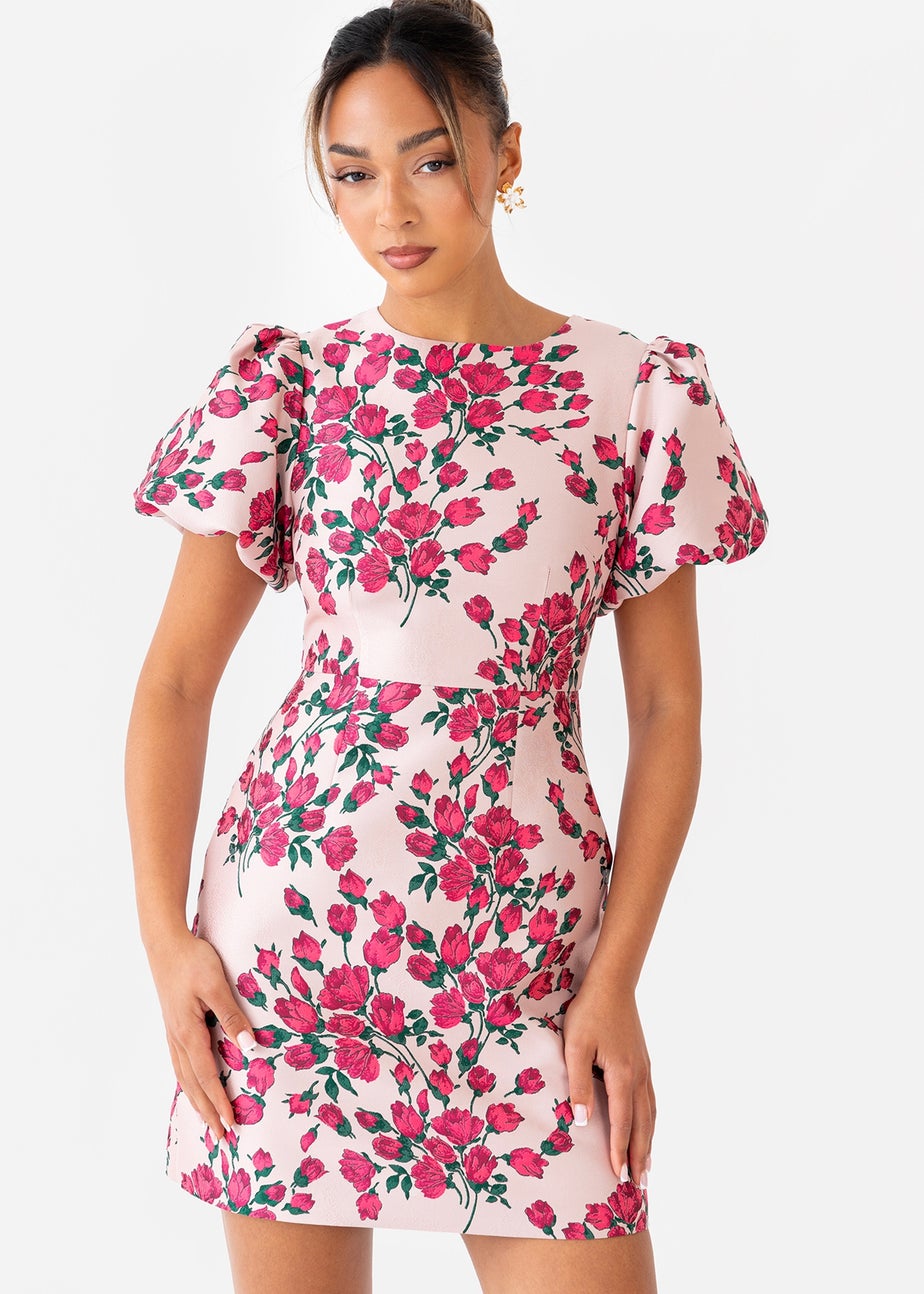 Maya Deluxe Pink Floral Jacquard Short Puff Sleeve Mini Dress