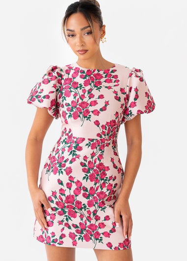Maya Deluxe Pink Floral Jacquard Short Puff Sleeve Mini Dress