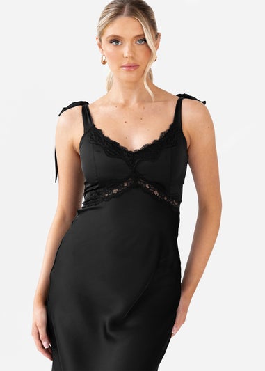 Maya Deluxe Black Tie-Shoulder Strappy Satin Midaxi Dress