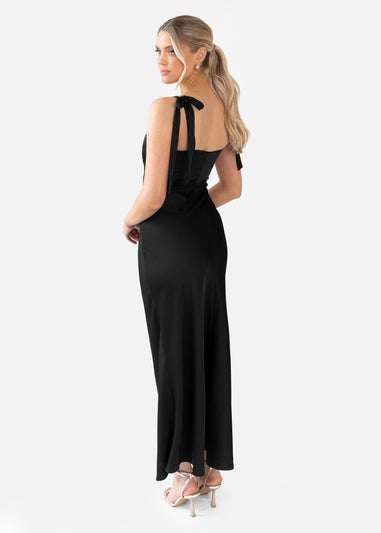 Maya Deluxe Black Tie-Shoulder Strappy Satin Midaxi Dress