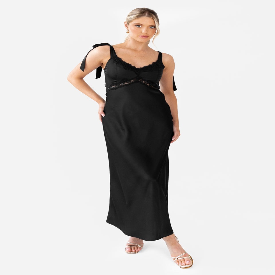 Maya Deluxe Black Tie-Shoulder Strappy Satin Midaxi Dress