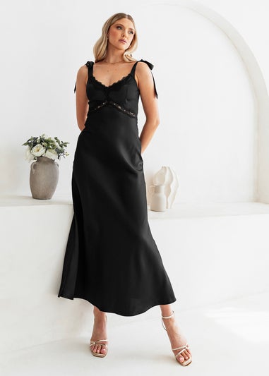 Maya Deluxe Black Tie-Shoulder Strappy Satin Midaxi Dress