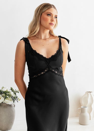 Maya Deluxe Black Tie-Shoulder Strappy Satin Midaxi Dress