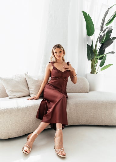 Maya Deluxe Brown Tie-Shoulder Strappy Satin Midaxi Dress