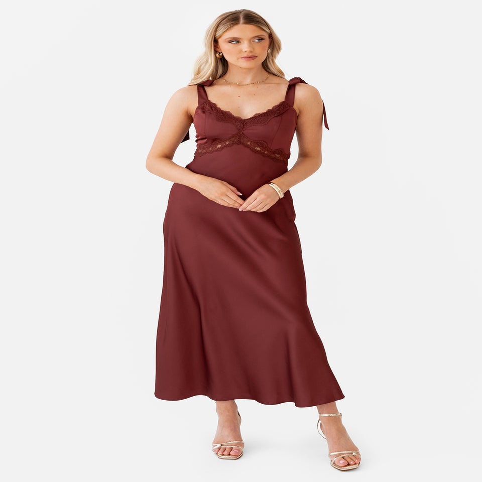 Maya Deluxe Brown Tie-Shoulder Strappy Satin Midaxi Dress