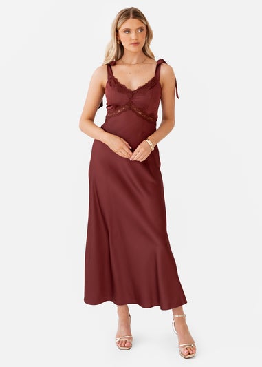 Maya Deluxe Brown Tie-Shoulder Strappy Satin Midaxi Dress