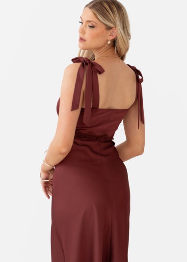Maya Deluxe Brown Tie-Shoulder Strappy Satin Midaxi Dress