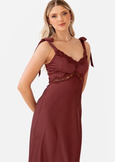 Maya Deluxe Brown Tie-Shoulder Strappy Satin Midaxi Dress