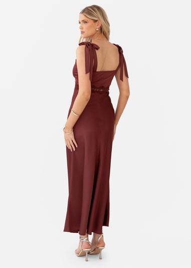 Maya Deluxe Brown Tie-Shoulder Strappy Satin Midaxi Dress