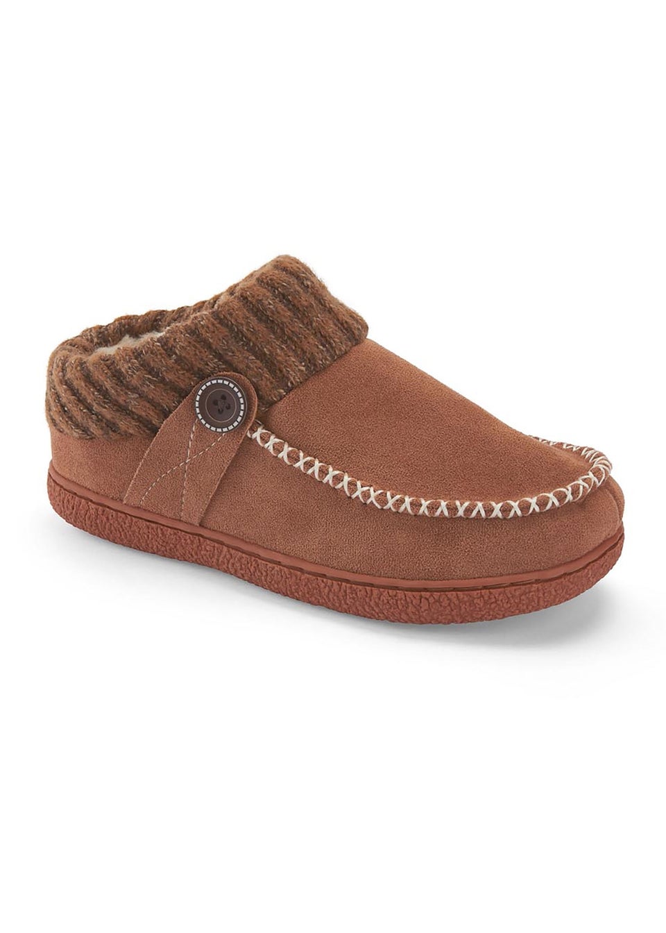 Cotton Traders Tan Moccasin Knitted Collar Slippers