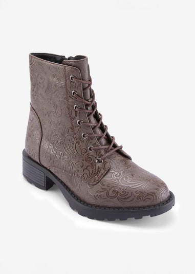 Cotton Traders Mocha Floral Lace Up Boots