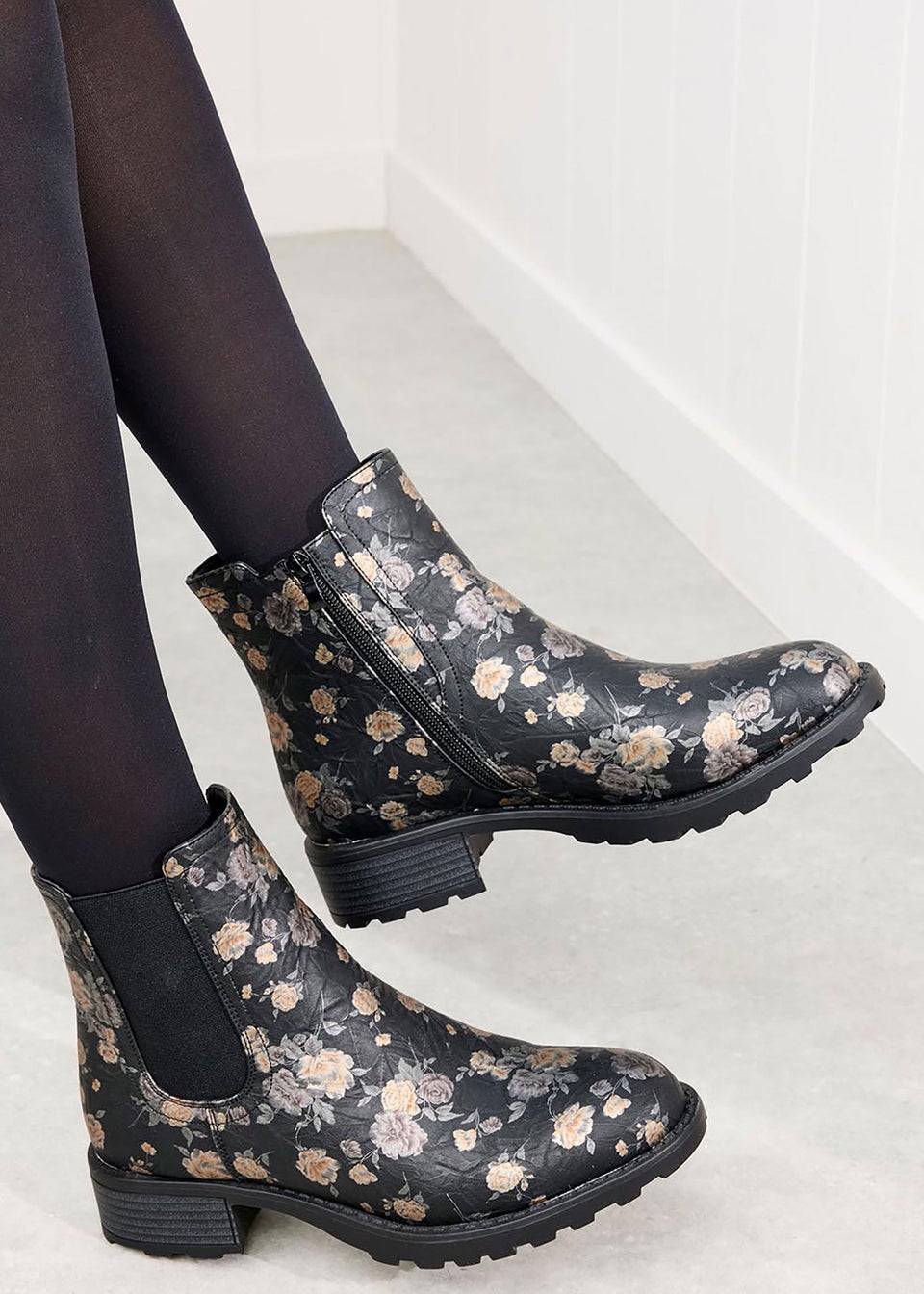 Cotton Traders Black Floral Slip On Boots
