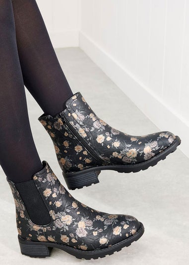 Cotton Traders Black Floral Slip On Boots