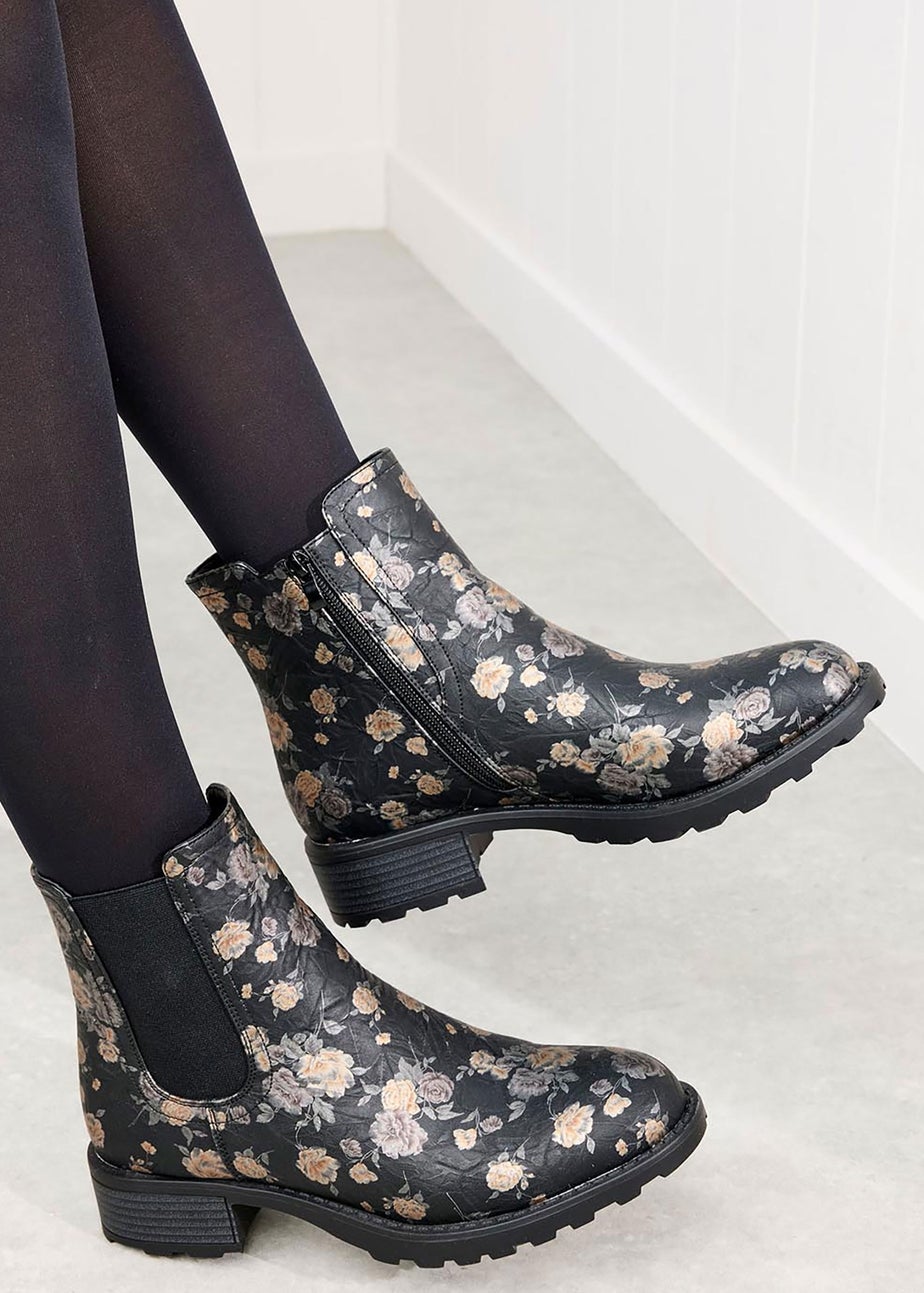 Cotton Traders Black Floral Slip On Boots