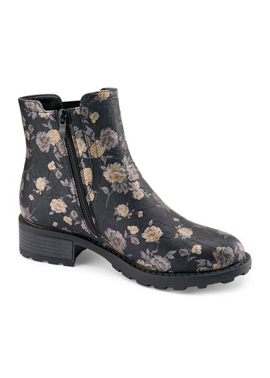 Cotton Traders Black Floral Slip On Boots