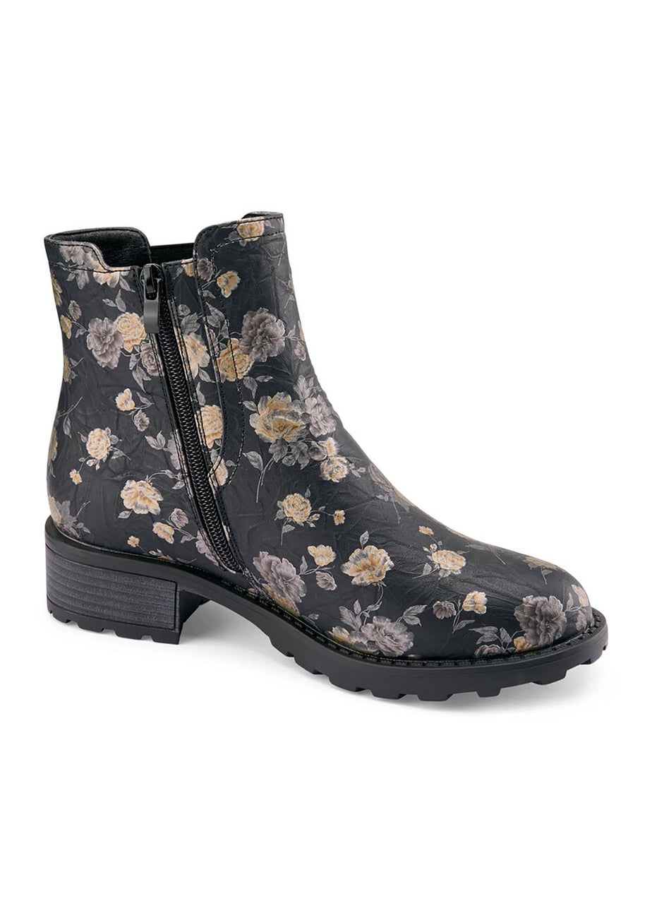 Cotton Traders Black Floral Slip On Boots