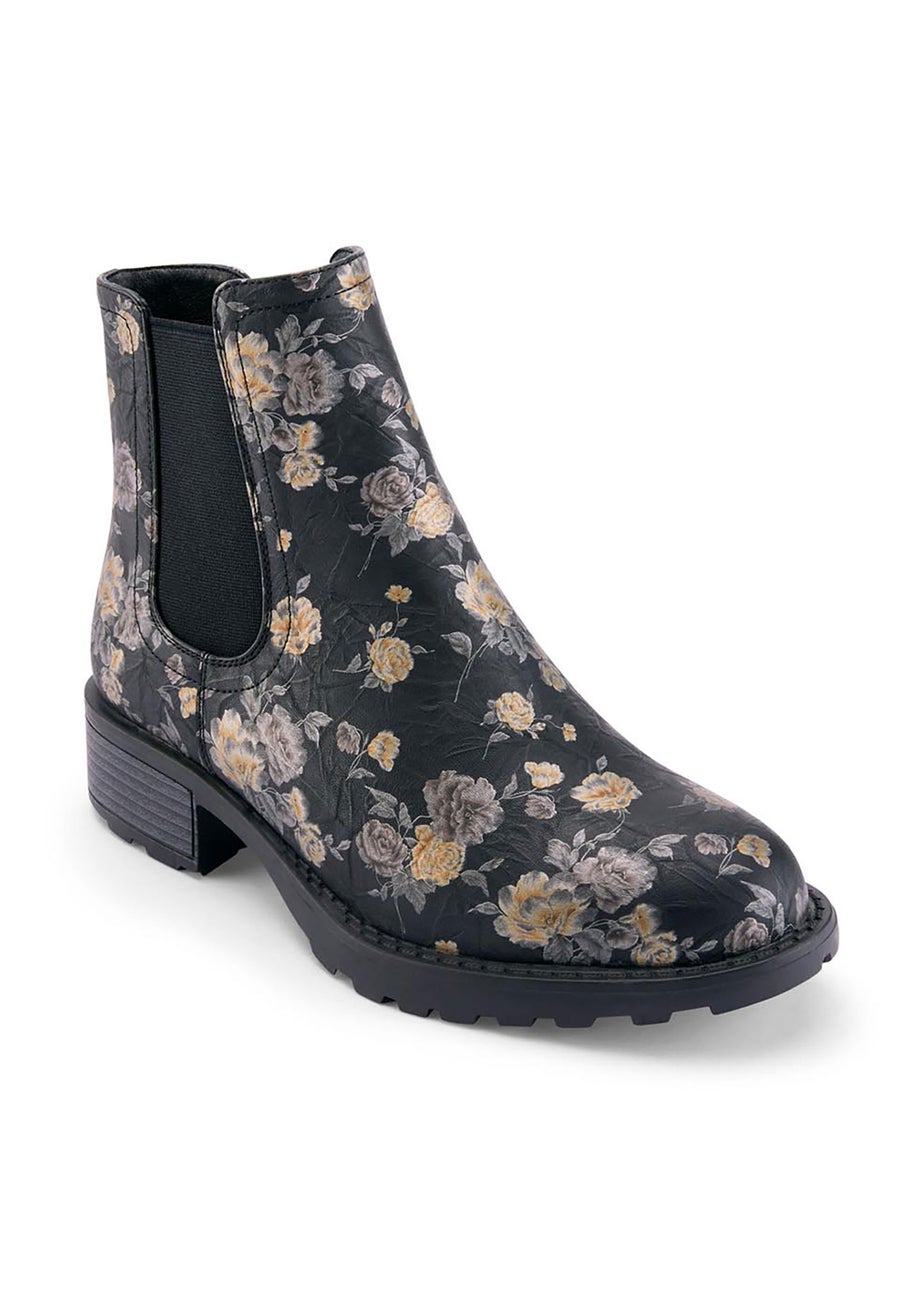 Cotton Traders Black Floral Slip On Boots