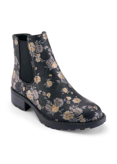 Cotton Traders Black Floral Slip On Boots