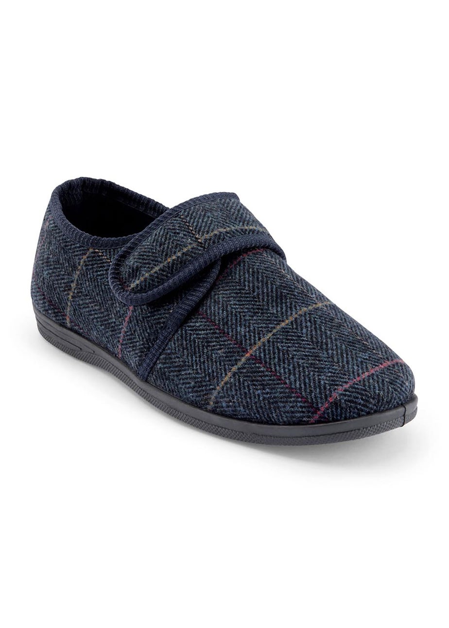 Cotton Traders Navy Adjustable Check Slippers