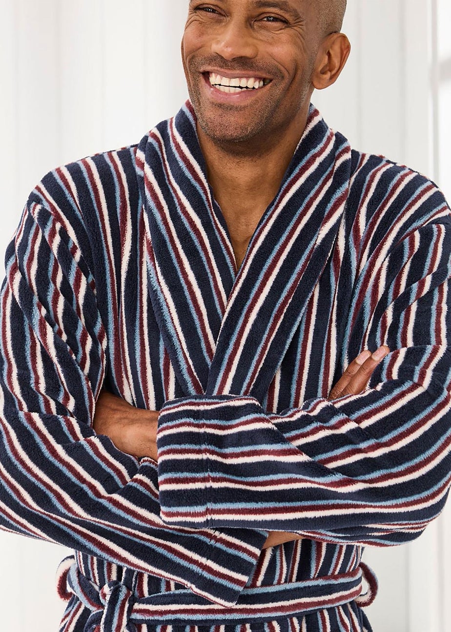 Cotton Traders Navy Fleece Stripe Dressing Gown