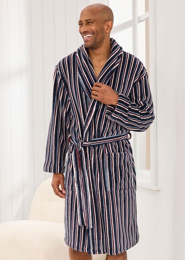 Cotton Traders Navy Fleece Stripe Dressing Gown