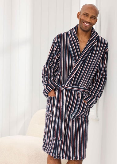 Cotton Traders Navy Fleece Stripe Dressing Gown