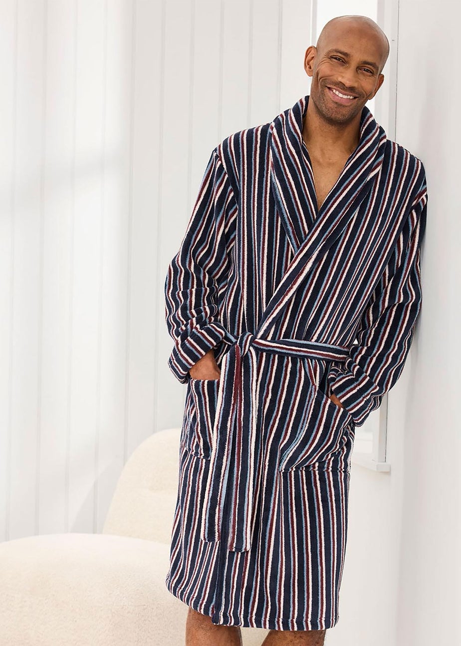 Cotton Traders Navy Fleece Stripe Dressing Gown