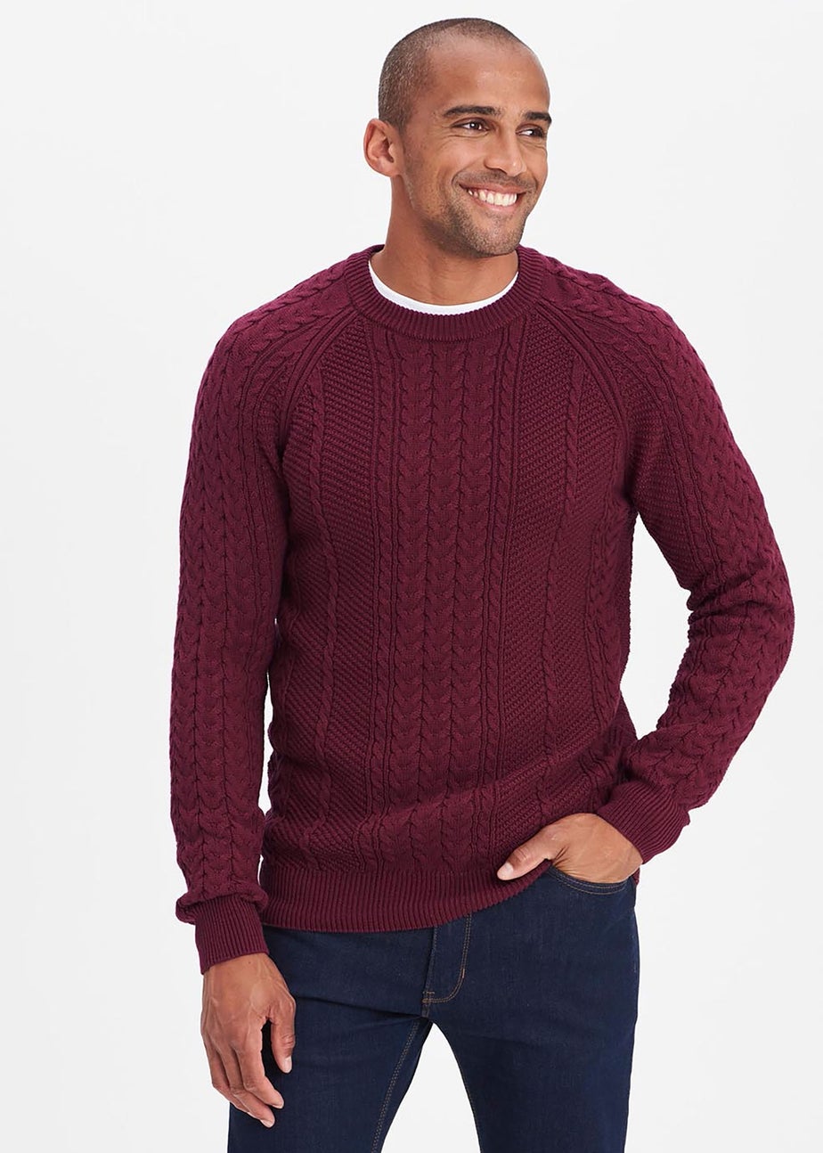 Cotton Traders Burgundy Cotton Textured Cable Crew Neck Jumper