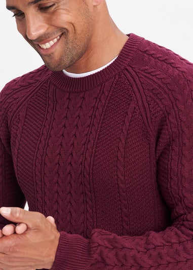 Cotton Traders Burgundy Cotton Textured Cable Crew Neck Jumper